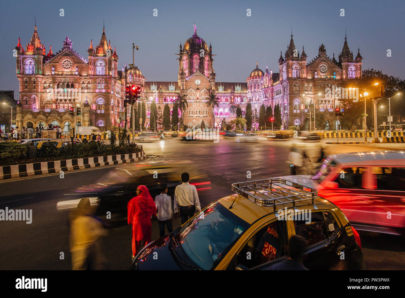 India, Mumbai, Maharashtra, Chhatrapati Shivaji Maharaj Terminus railway station (CSMT), (formerly Victoria Terminus), UNESCO World Heritage Site Stock Photo