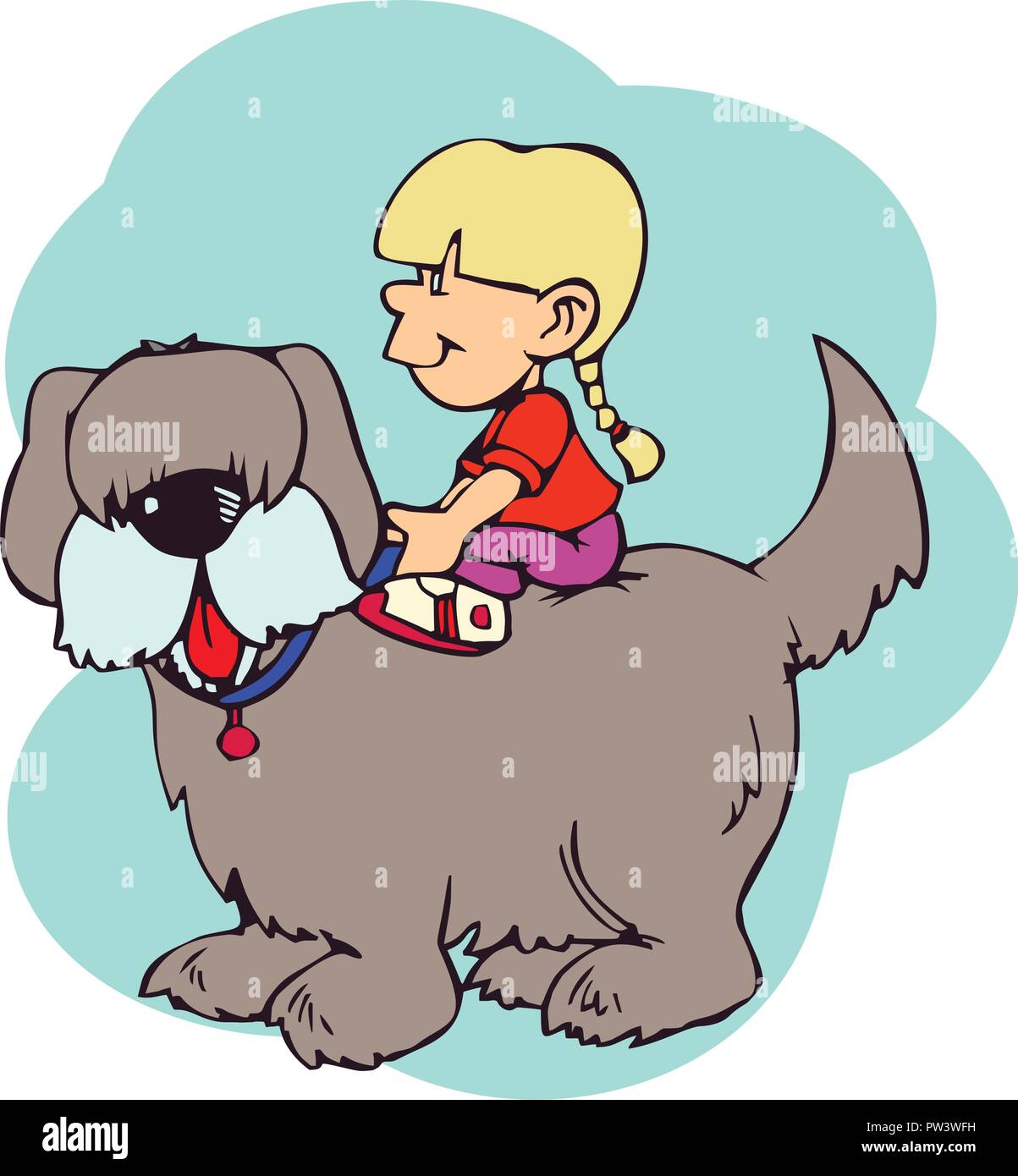 Illustration of a Little Girl Sitting on the Back of Her Dog Stock Vector