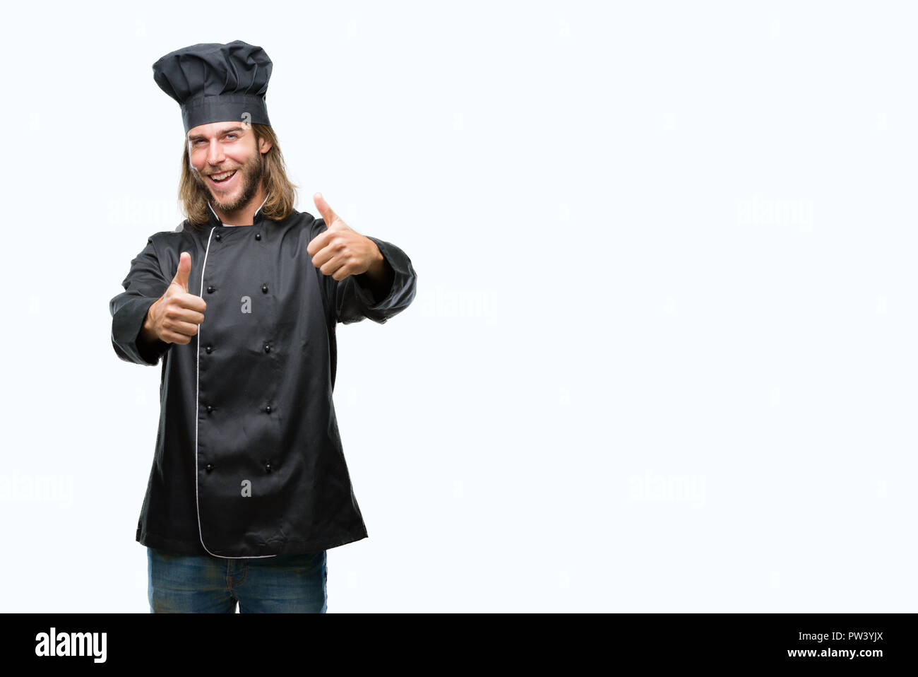 Young handsome cook man with long hair over isolated background ...