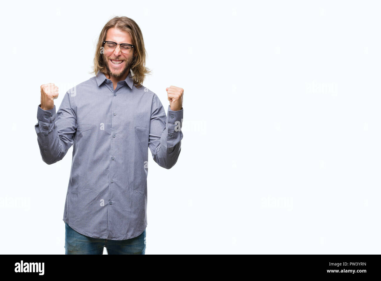 Young handsome business man with long hair over isolated background ...
