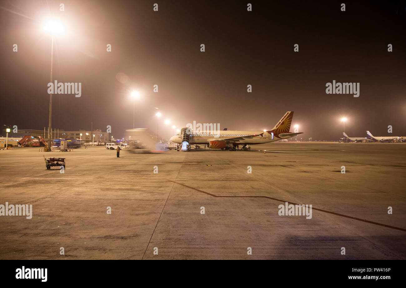 Bangalore, Karnataka, India. 18th January 2016: Air India aircraft preparing for departure in Kempagowda International Airport. Stock Photo