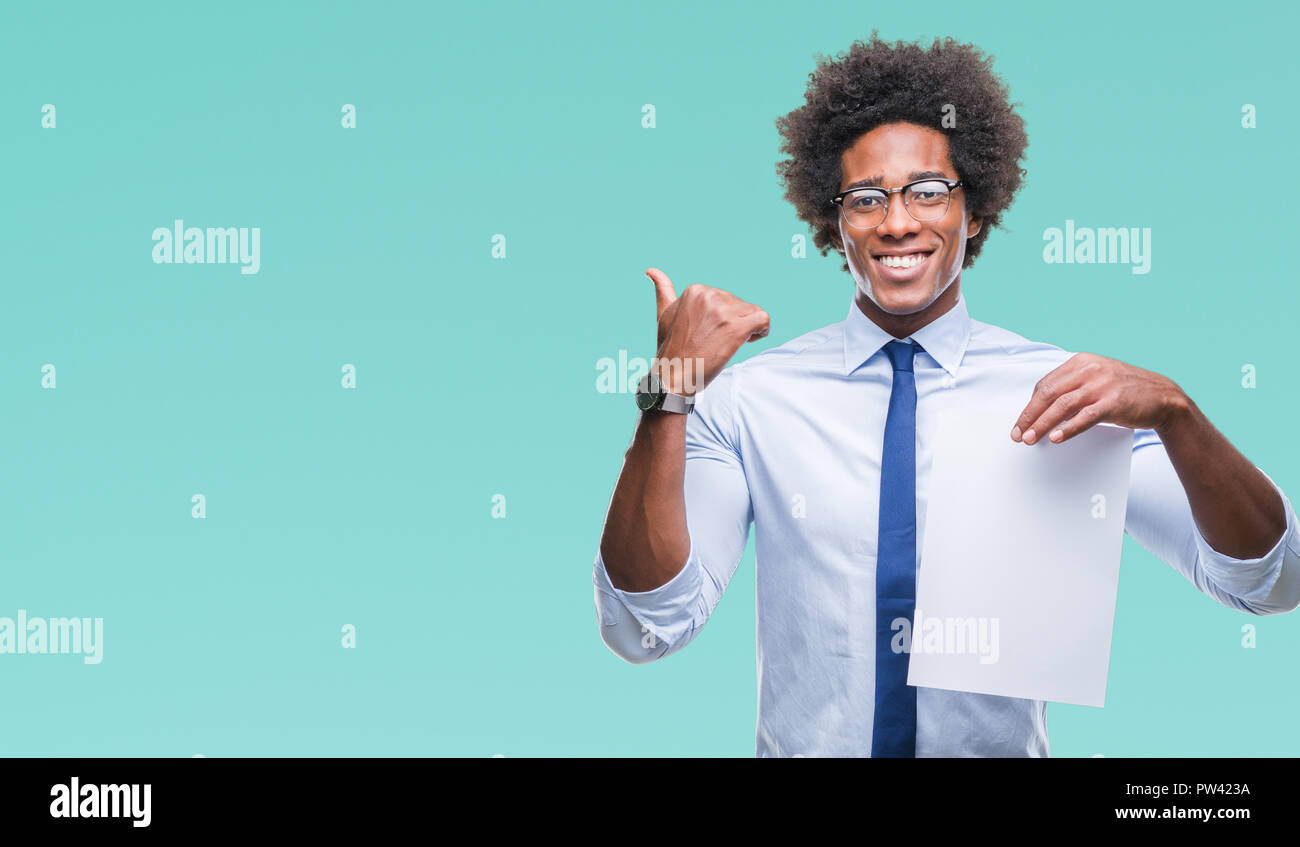 Afro american man holding blank paper contract over isolated background ...