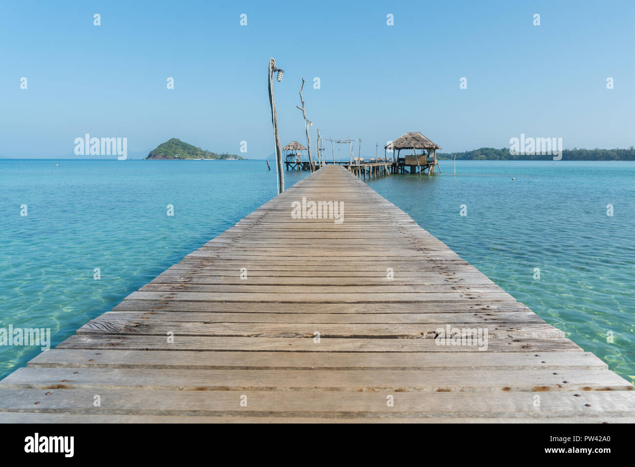 Wooden pier with hut in Phuket, Thailand. Summer, Travel, Vacation and Holiday concept. Stock Photo