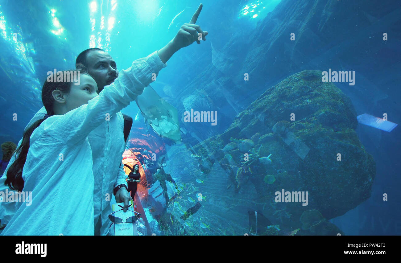 Teenage girl with Dad amusingly watching the fish in Aquarium Stock Photo