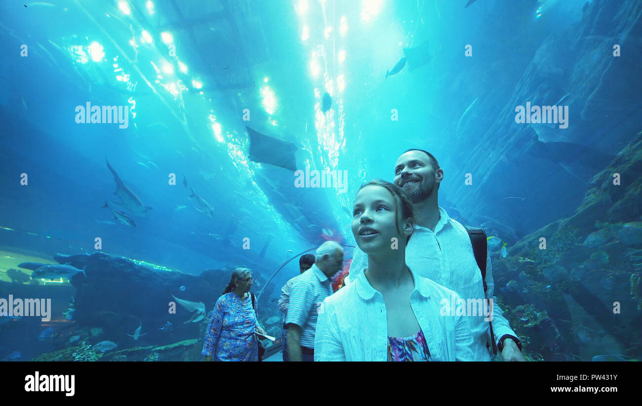 Teenage girl with Dad admire the marine life in the glass tunnel of the Aquarium in Dubai Mall Stock Photo