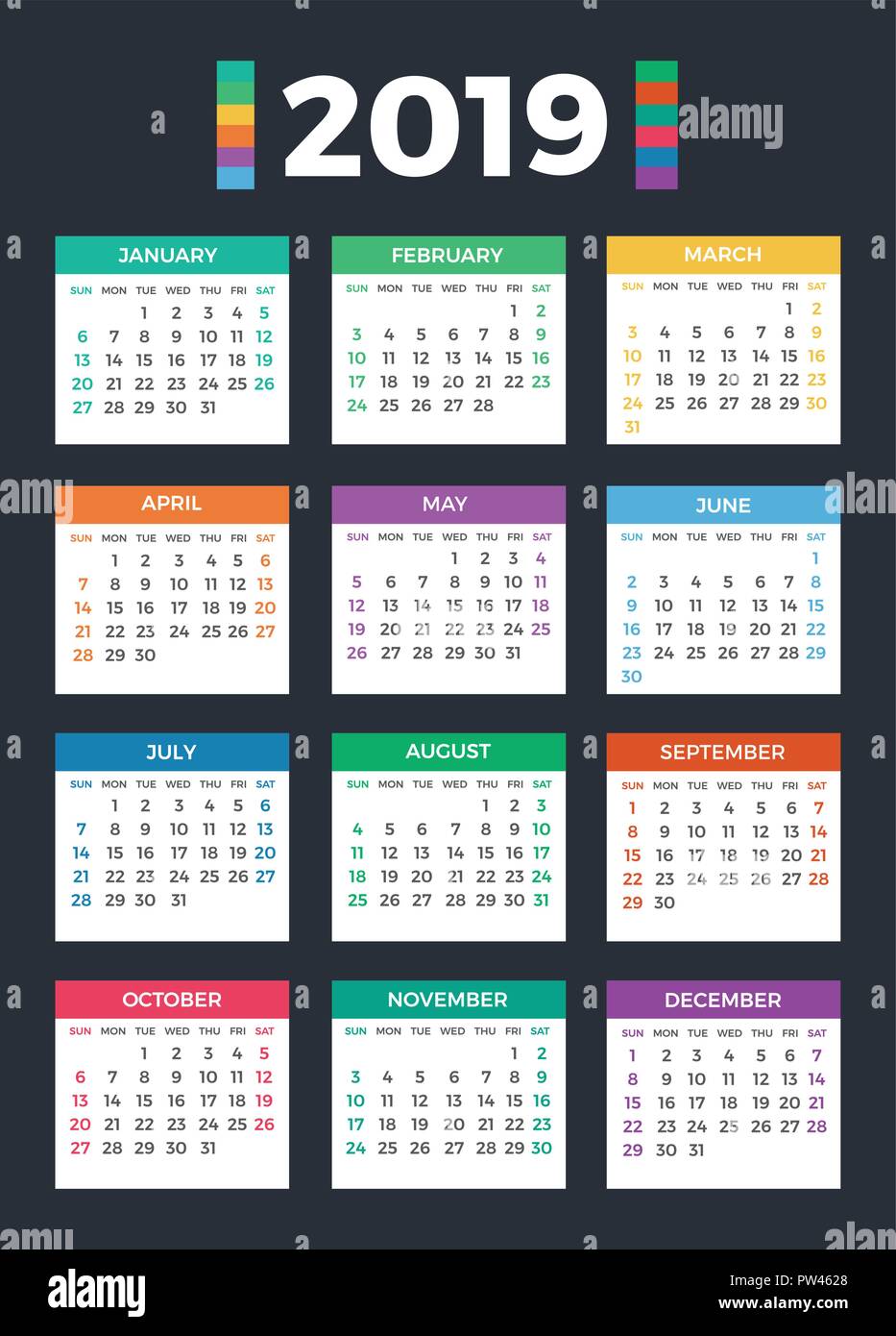 Calendar for 2019 on dark Stock Vector