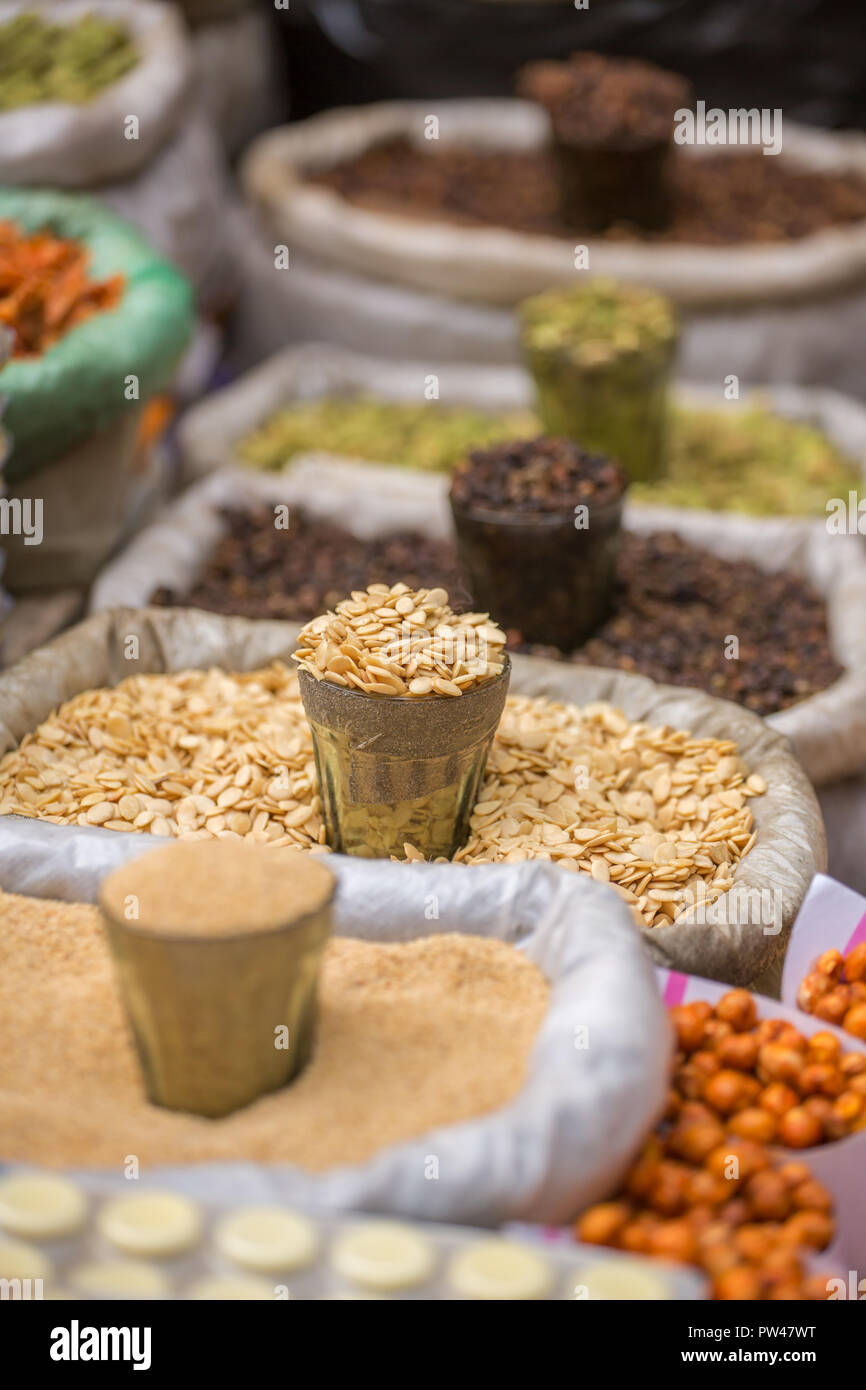Close-up view of indian spices on the market stall Stock Photo