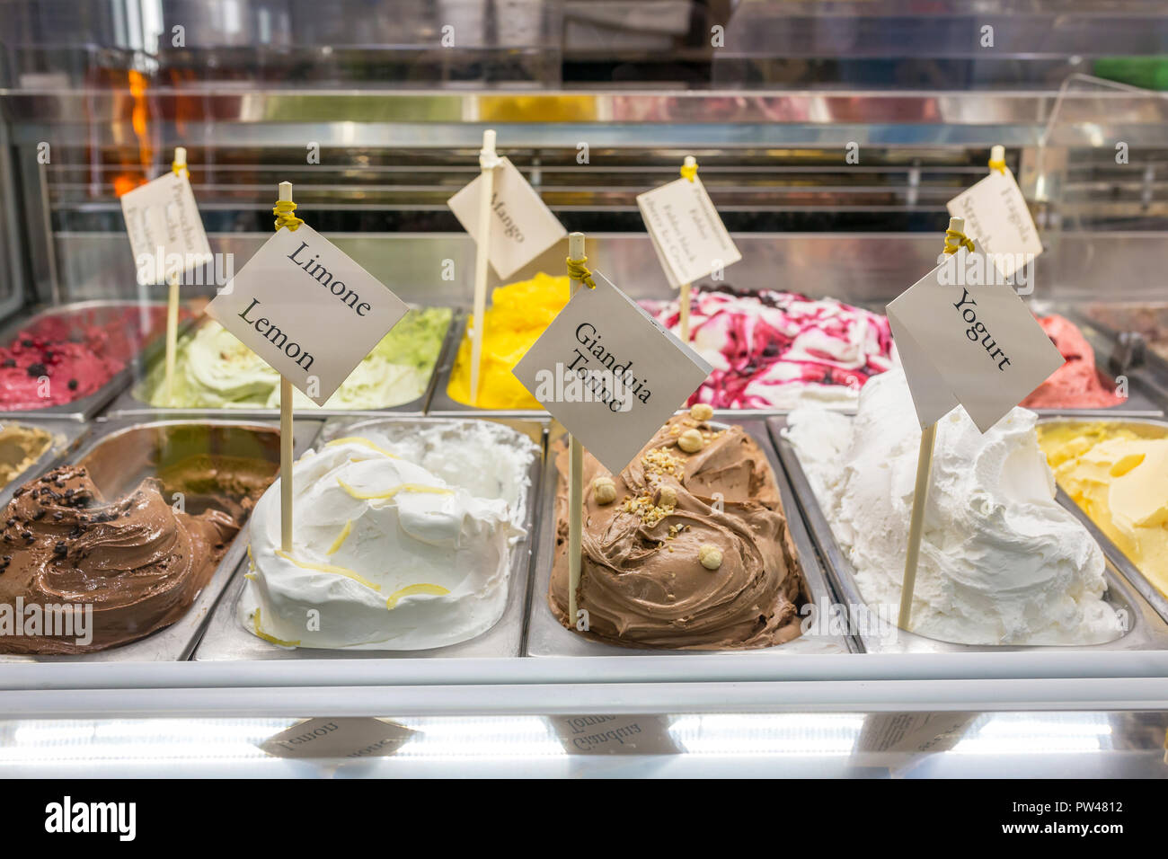 Classic italian gourmet gelato gelatto ice cream display in shop Stock Photo