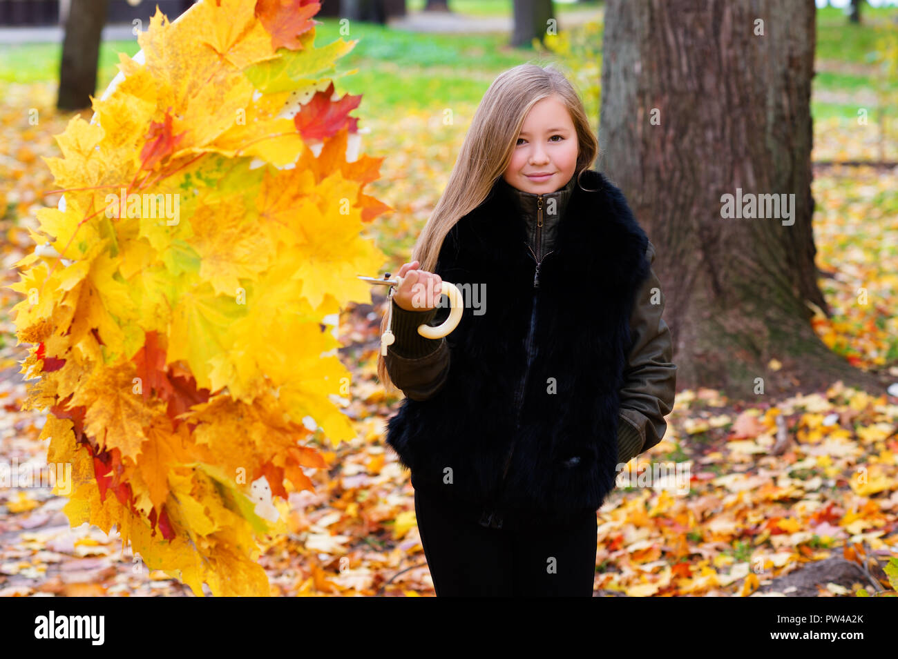 fashionable young girl walking in park with umbrella of autumn leaves ...