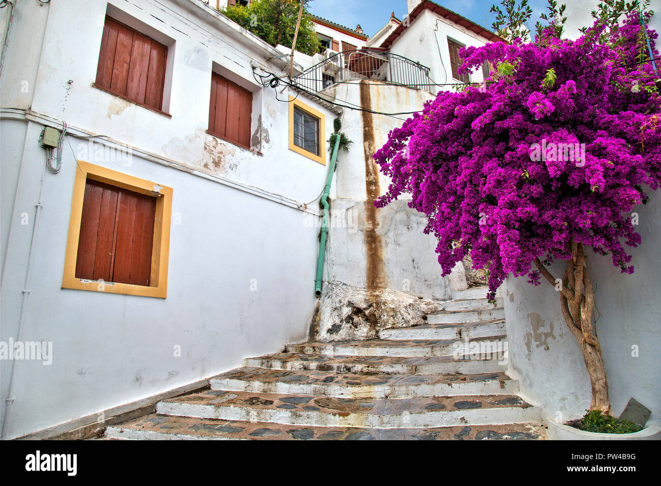 Picturesque alley in Skopelos town, Skopelos island, Northern Sporades, Magnessia, Thessaly, Greece. Stock Photo