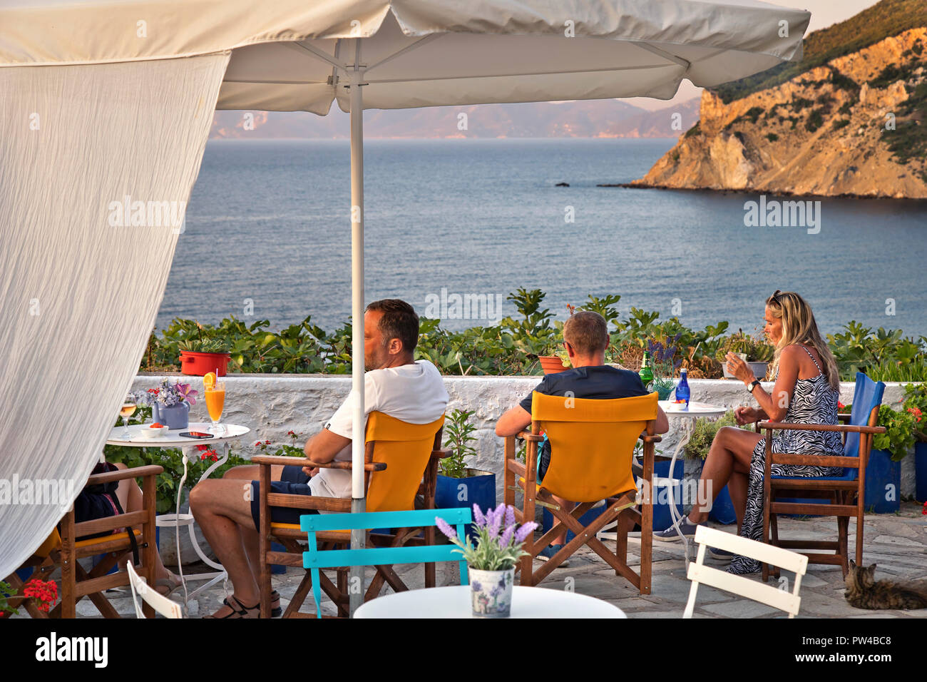 Beautiful view to the sea at café 'Thalassa', Skopelos town, Skopelos island, Northern Sporades, Magnessia, Thessaly, Greece. Stock Photo