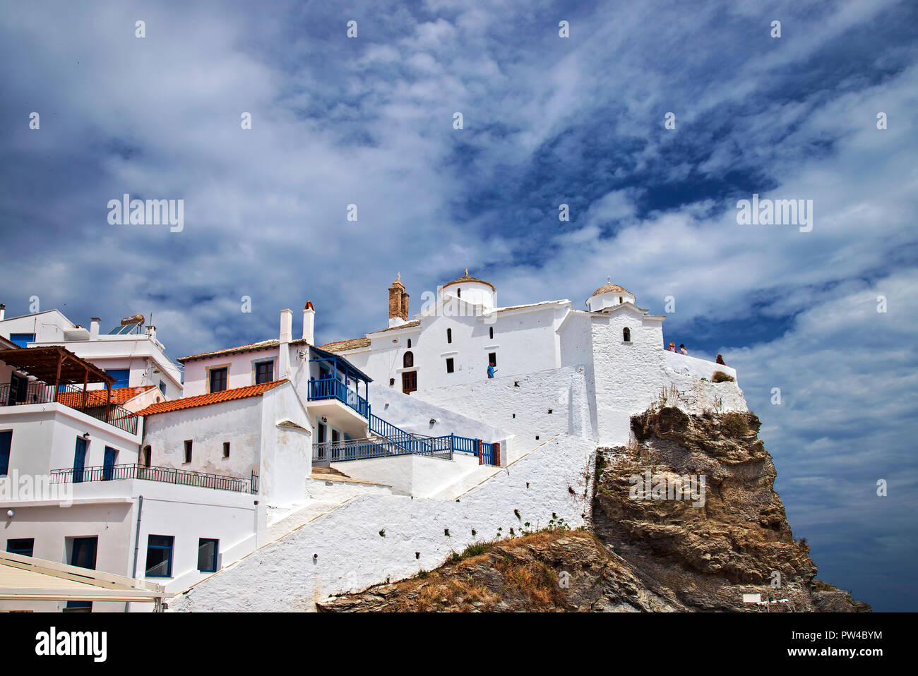 The church of Virgin Mary (known as "Panagitsa Tower") in Skopelos town, Skopelos island, Northern Sporades, Magnessia, Thessaly, Greece. Stock Photo