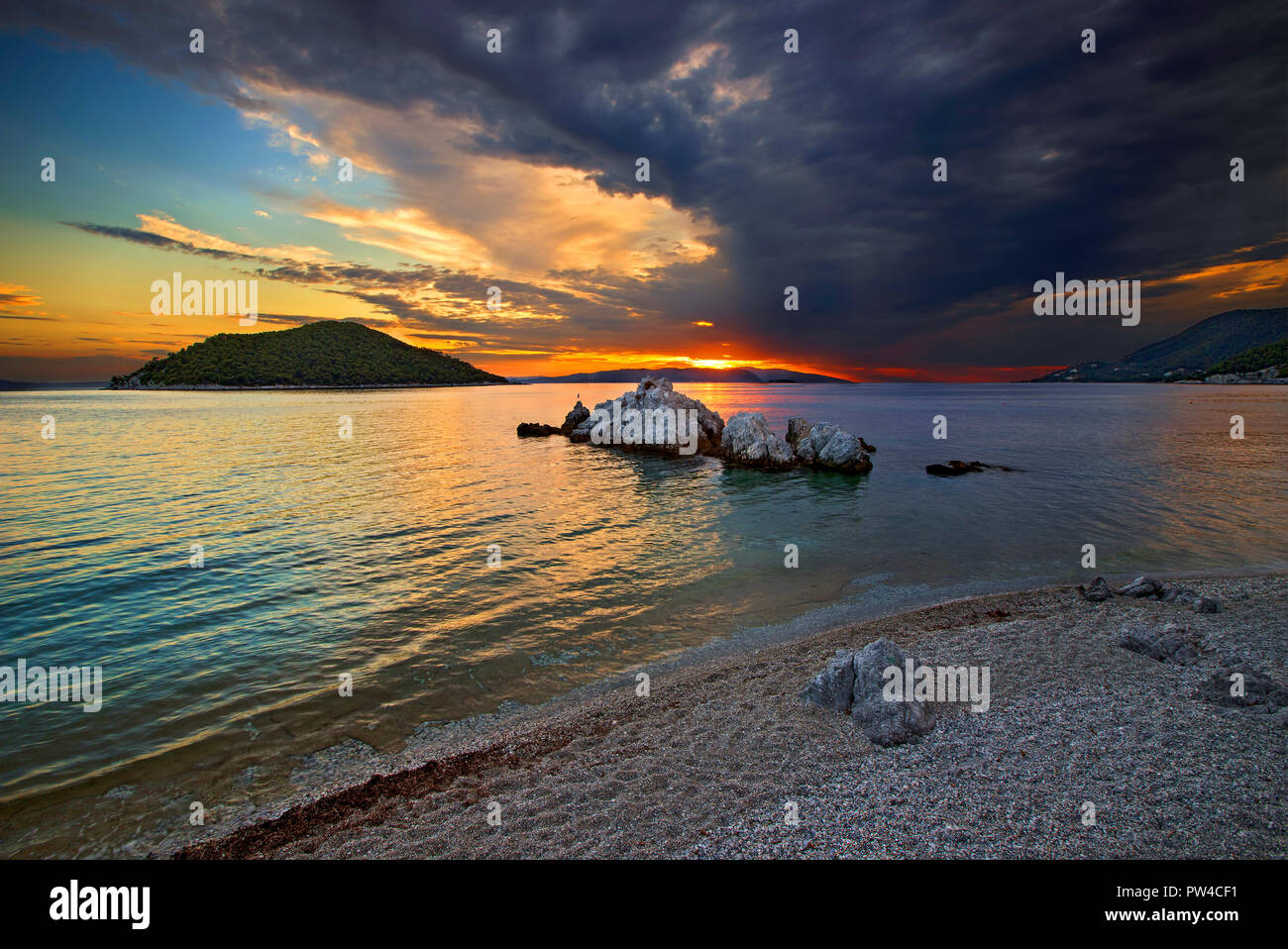 Sunset at Milia beach, Skopelos island, Northern Sporades, Magnessia, Thessaly, Greece. Stock Photo