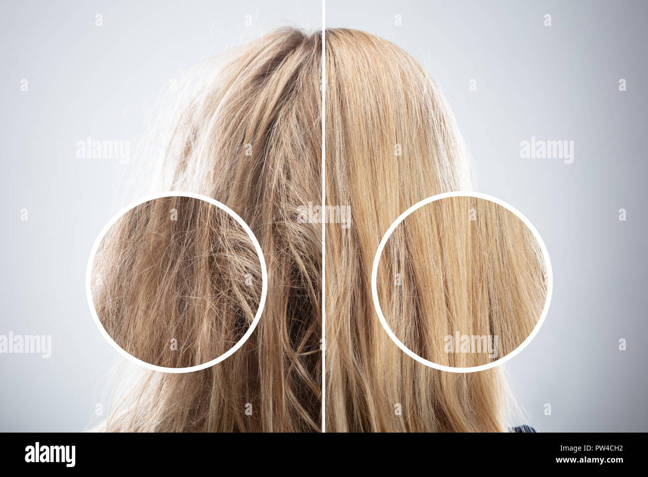 Woman S Hair Before And After Hair Straightening On Grey