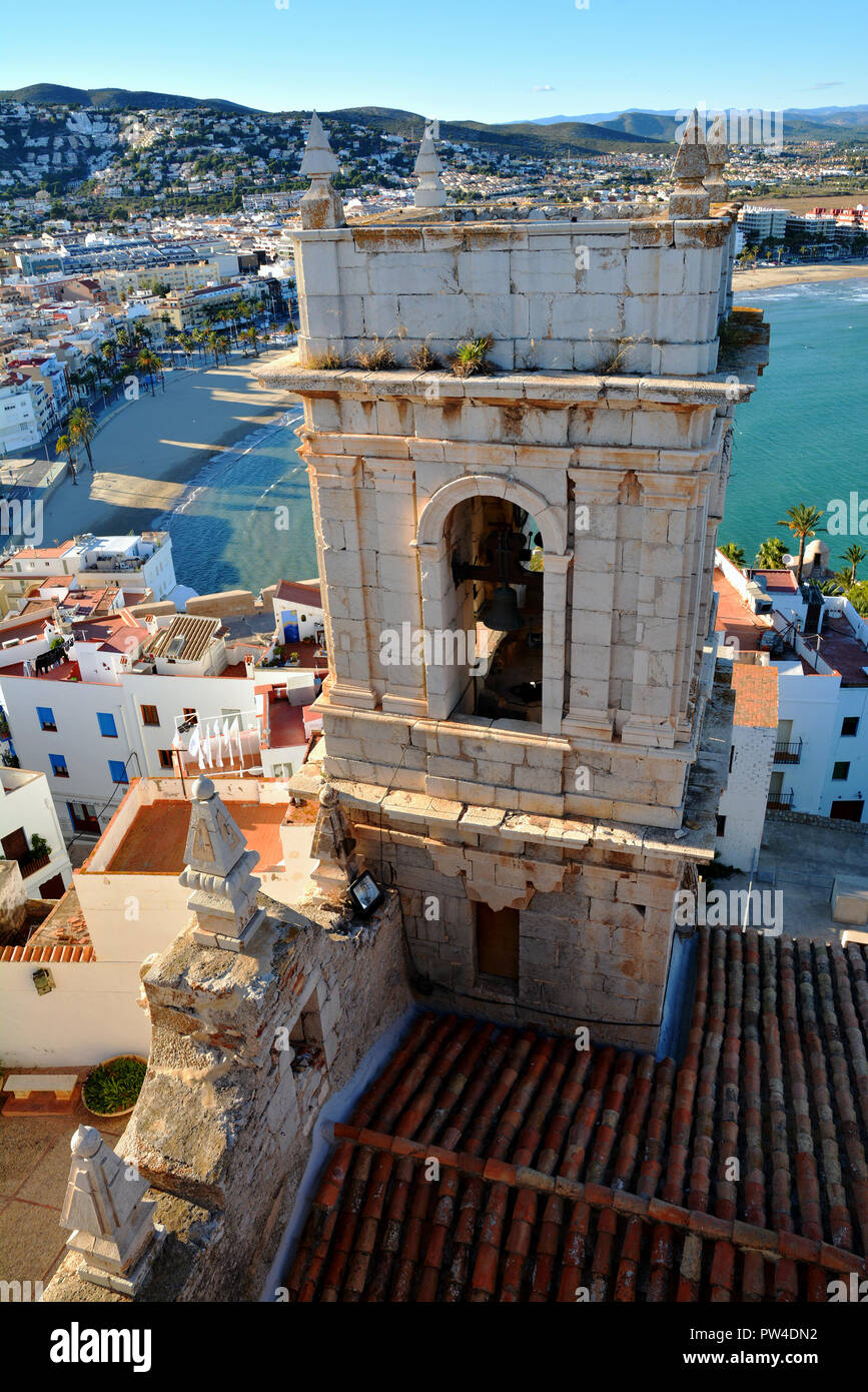 Bell Tower of Peniscola Castle and the town, Costa del Azahar, province of Castellon, Peniscola is a popular tourist destination in Spain. Stock Photo
