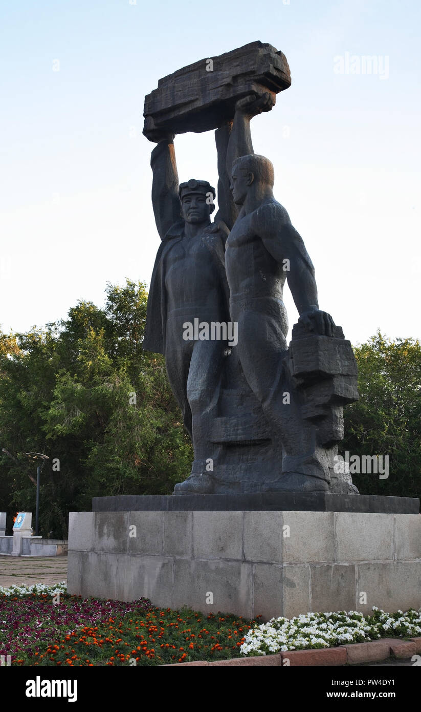 Sculpture Glory of Miner (Shakhteorskaya Slava) in Karaganda. Kazakhstan Stock Photo