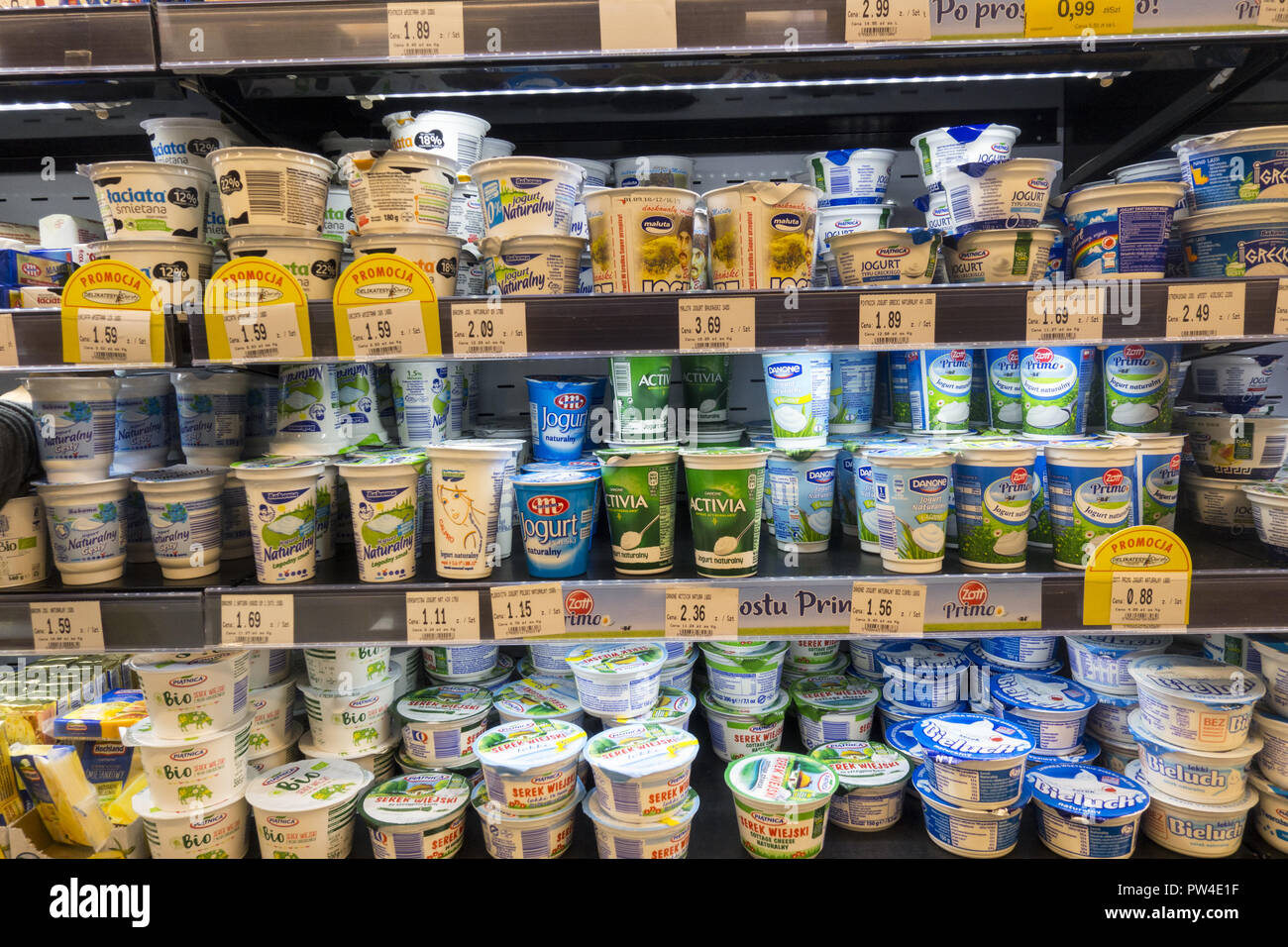 Yogurt and dairy case, market, Warsaw, Poland Stock Photo Alamy