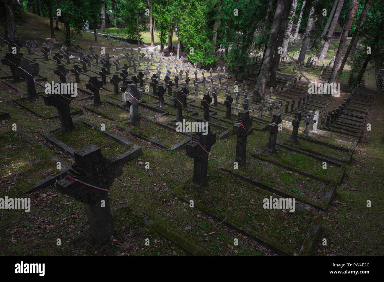 Vilnius cemetery, view of hillside in Antakalnis Cemetery containing the graves of hundreds of Polish soldiers who died between 1919-1920, Lithuania. Stock Photo