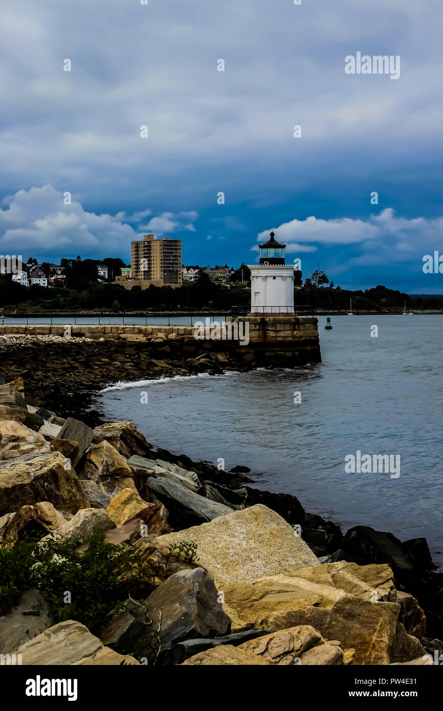 An urban lighthouse on the Atlantic Ocean in Portland, Maine Stock