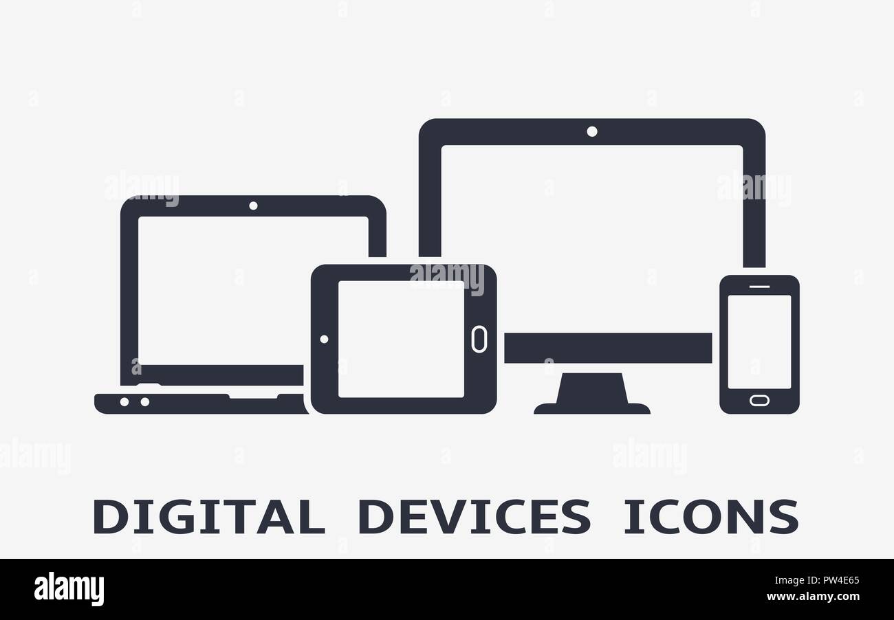 Device icons: smart phone, tablet, laptop and desktop computer. Vector illustration of responsive web design. Stock Vector