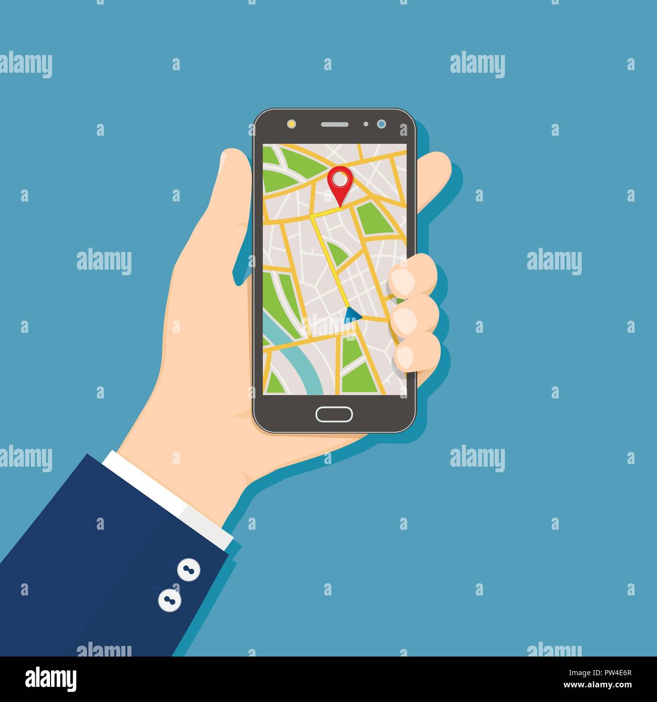 GPS navigation flat design concept. Hand holding mobile phone with GPS navigation map on screen. Stock Vector