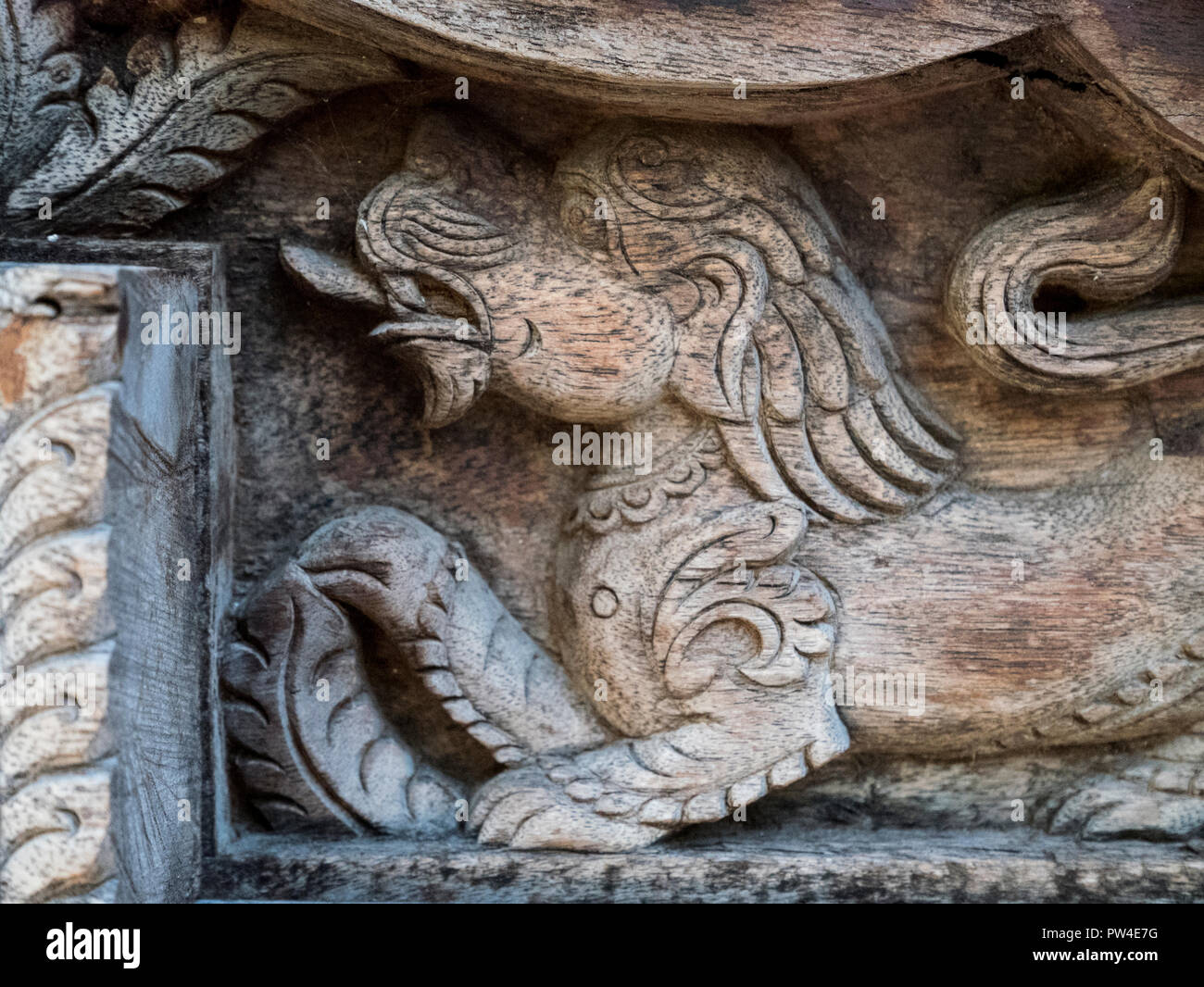 Tibetan altar carved in wood in the museum of Reinhold Messner in Brunico Stock Photo
