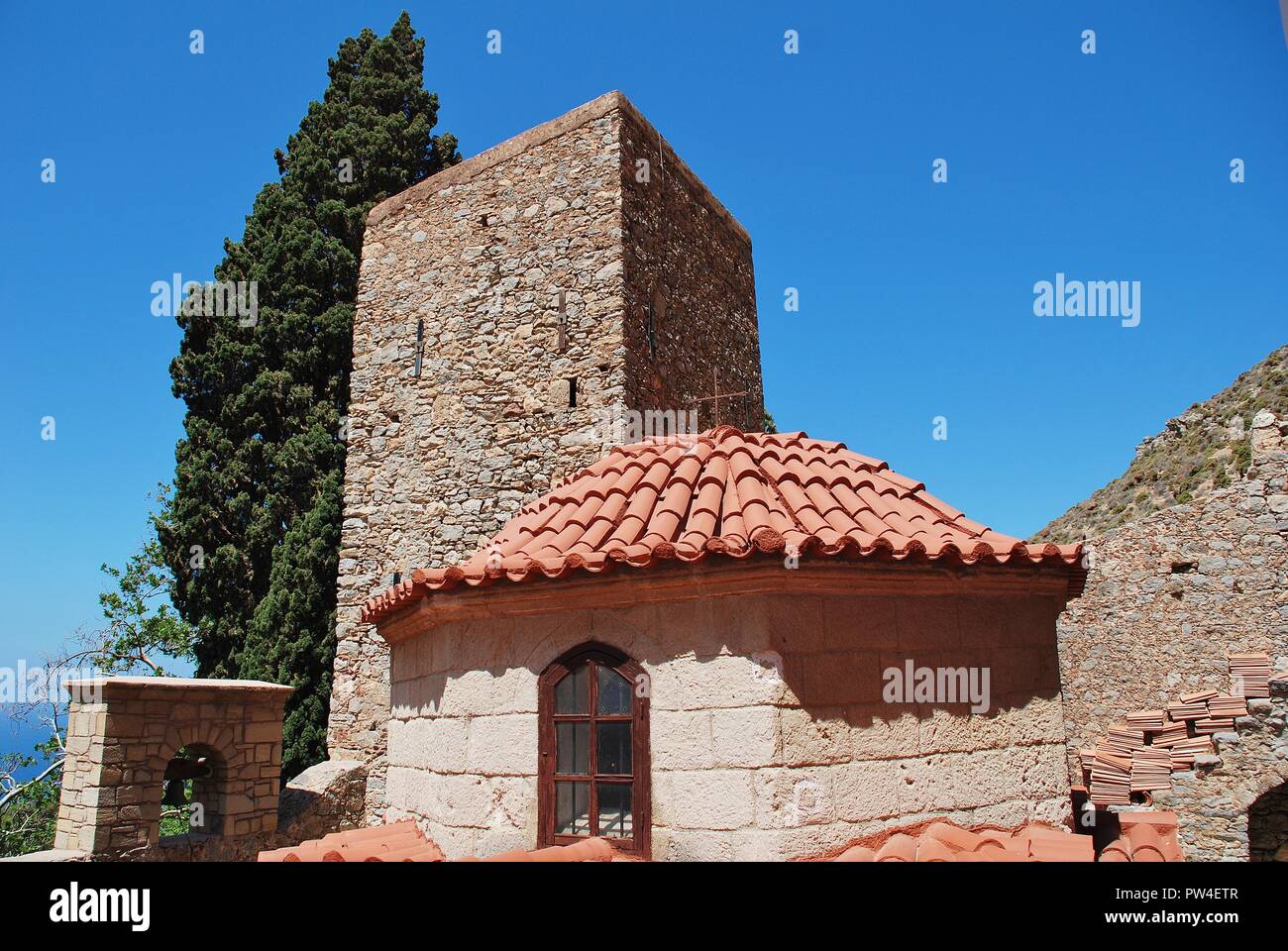 The Byzantine period monastery of Agios Panteleimon on the Greek island of Tilos. The monastery dates from around 1470. Stock Photo