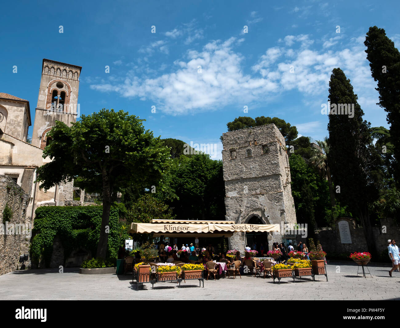 Cafes in the central square, Ravello, Campania, Italy. Stock Photo