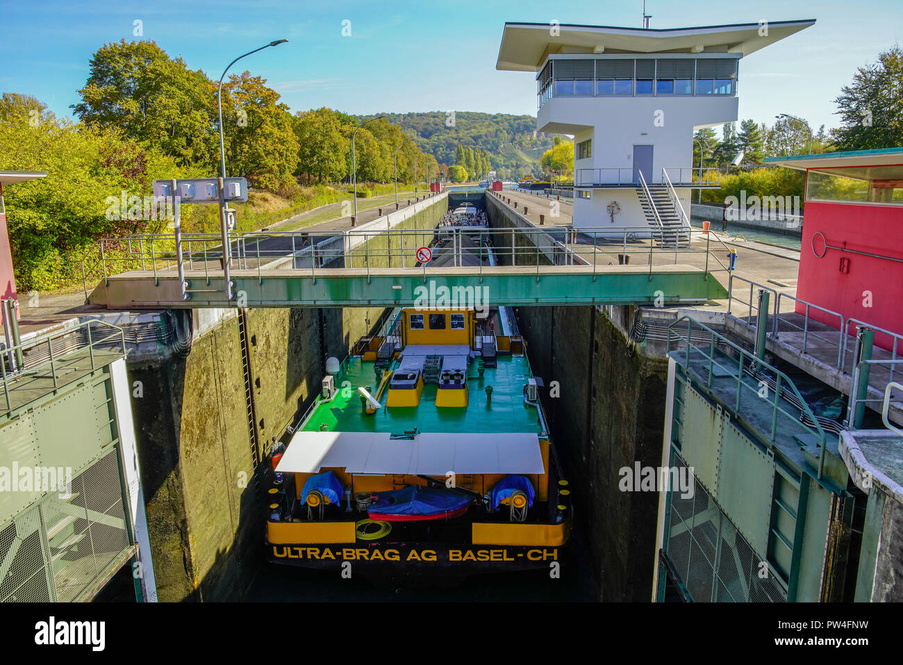 Boating through locks on Rhine river in Basel, Switzerland. Stock Photo