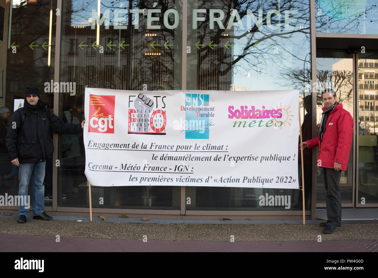 Demonstration against the deletions of posts at Météo France in front of the headquarters of Météo-France and the IGN. Stock Photo