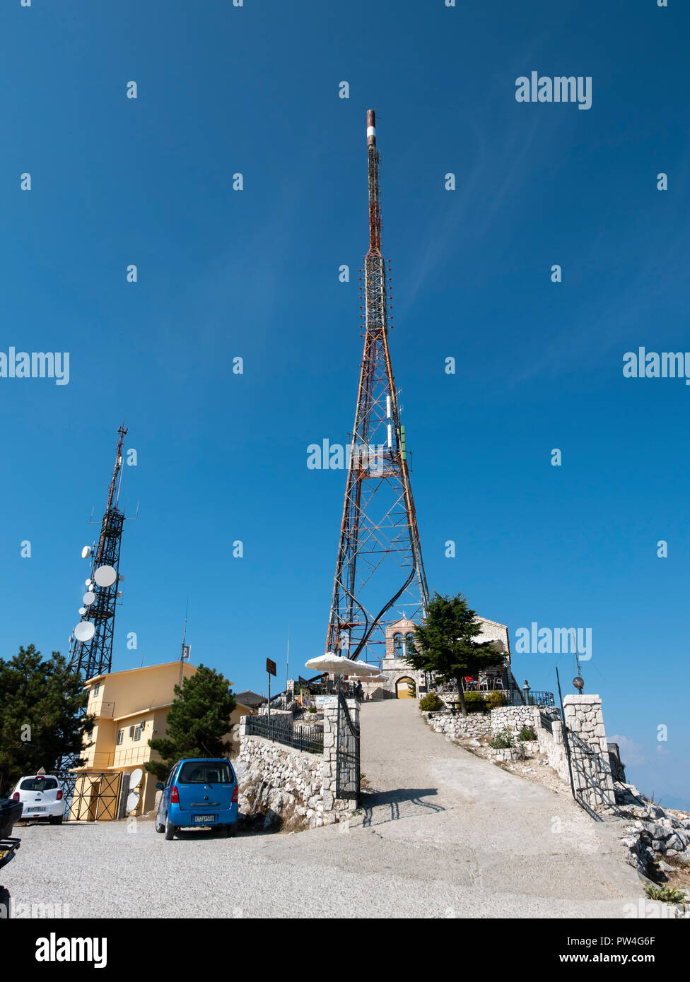 Communications masts, Mount Pantokrator, Corfu, Ionian Islands, Greece. Stock Photo