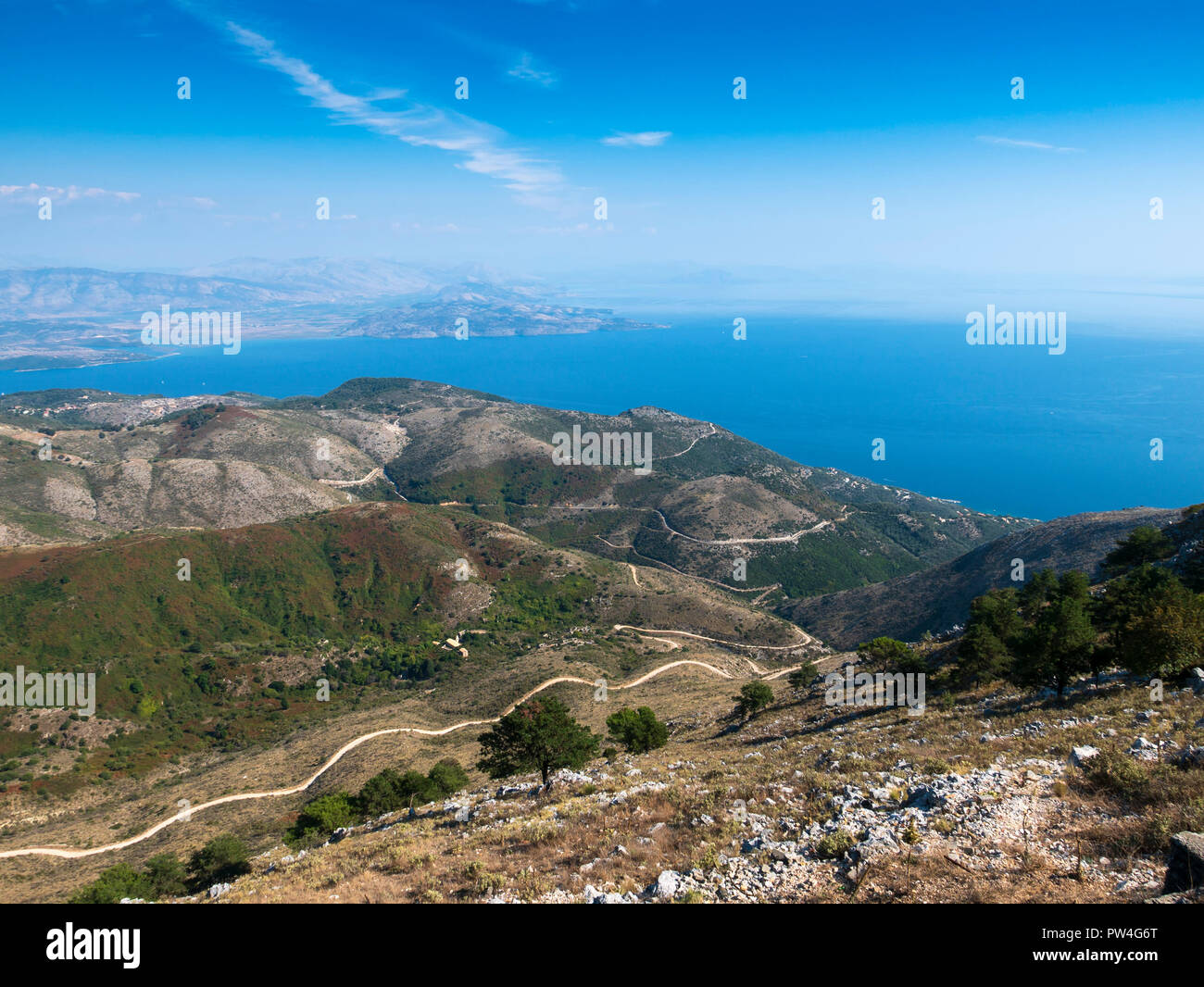 View across to Albania from Mount Pantokrator, Corfu, Ionian Islands, Greece. Stock Photo