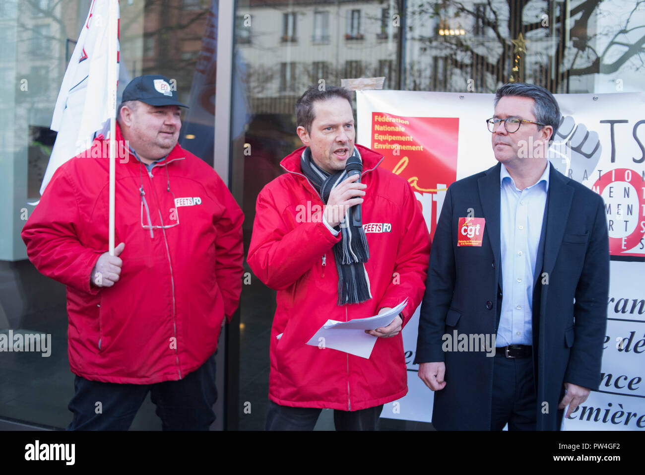 Demonstration against the deletions of posts at Météo France in front of the headquarters of Météo-France and the IGN. Stock Photo