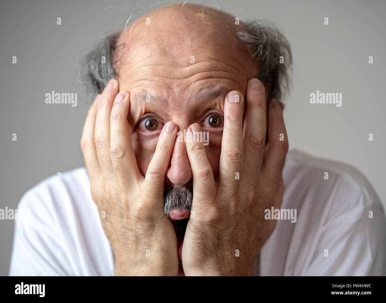 Close Up Portrait Of A Scared Frightened Old Man In Expression Of Fear