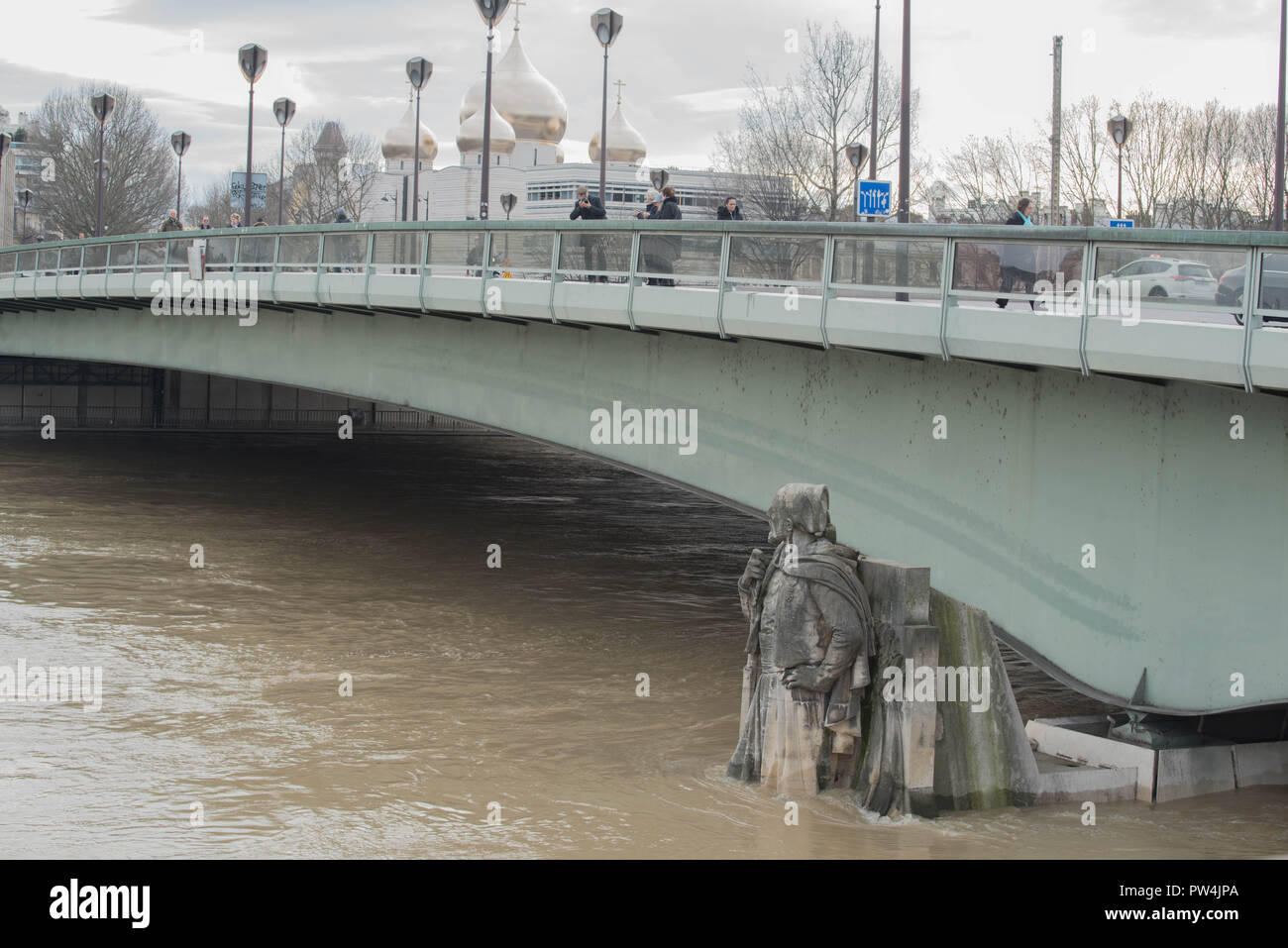 Flood of the Seine the bridge of the alma floods in Paris France Stock Photo