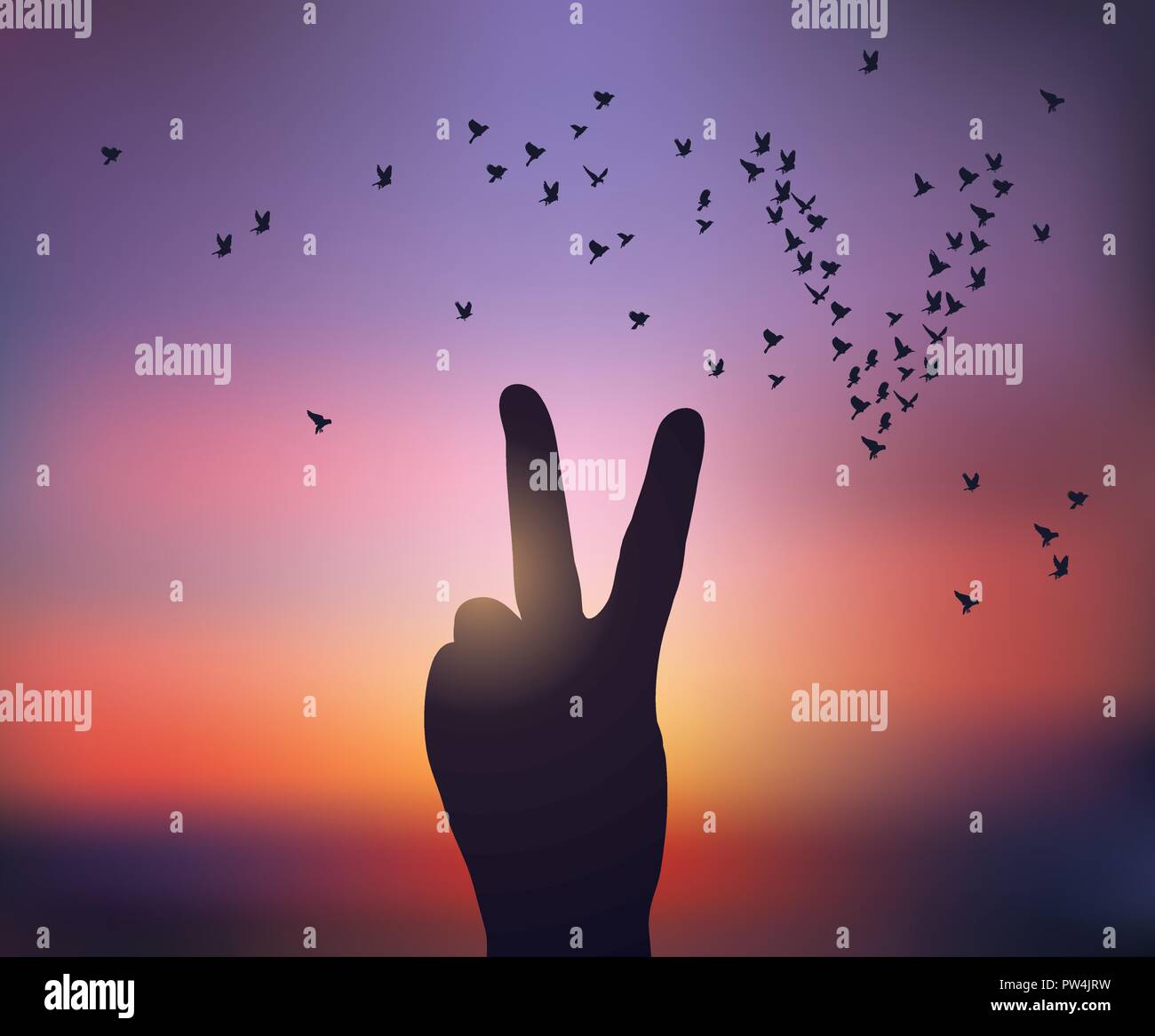 Hand victory symbol silhouette birds in sunset sky Stock Vector