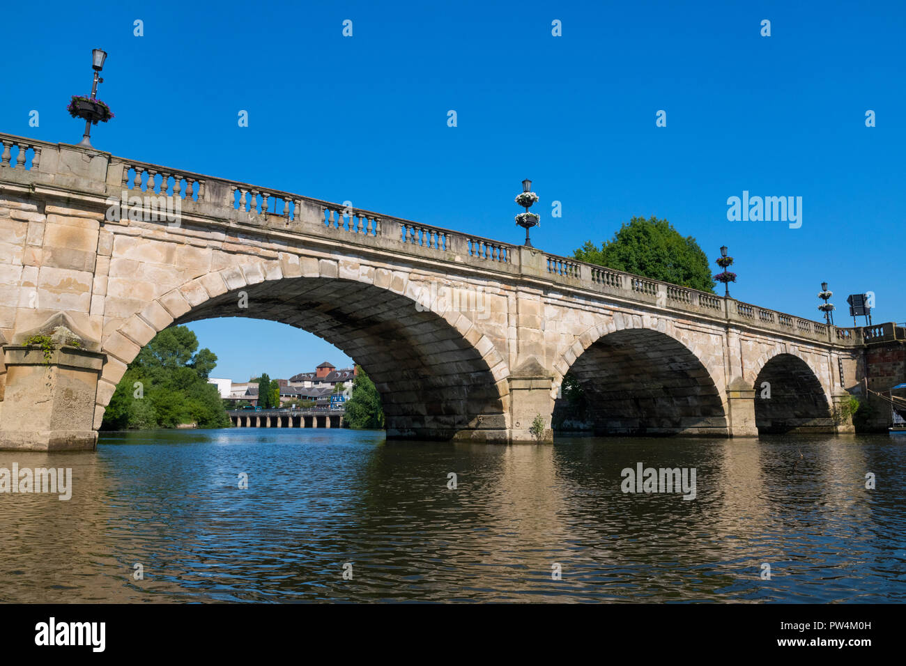 Welsh Bridge seen from the River Severn, Shrewsbury, Shropshire. Stock Photo