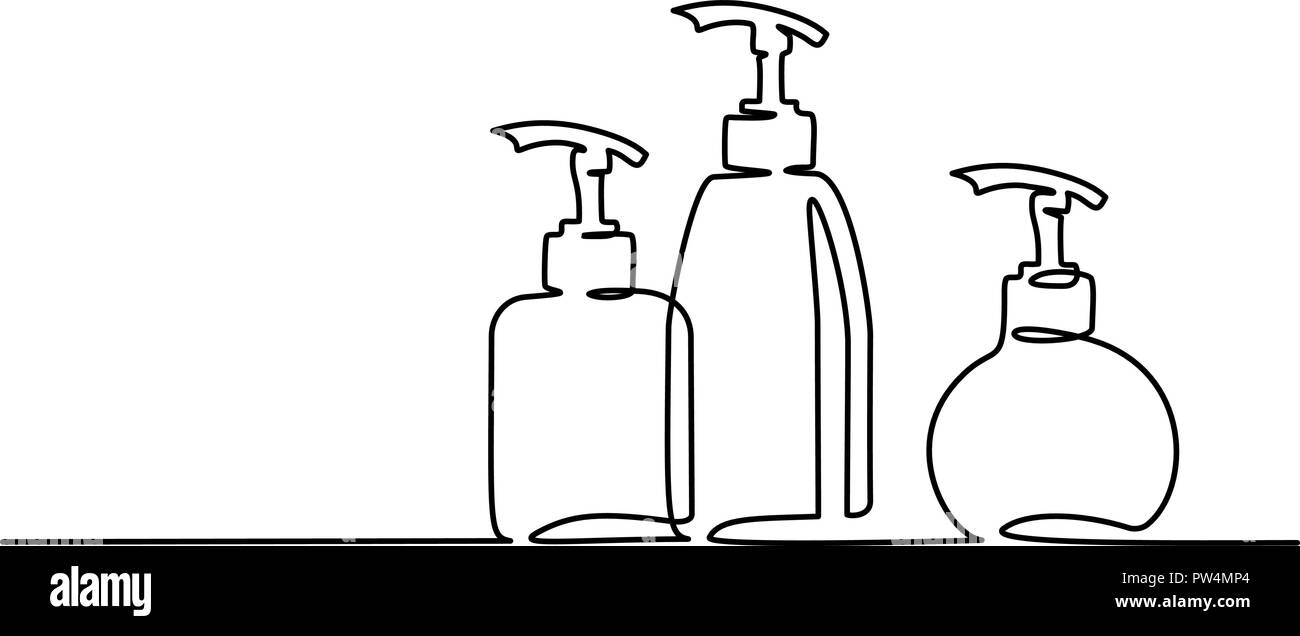 Continuous one line drawing. Cosmetic shampoo bottles. Vector
