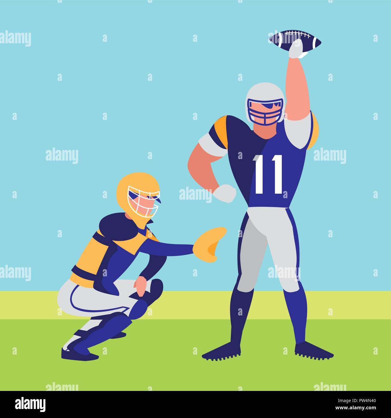 american football players with safety equipment over landscape