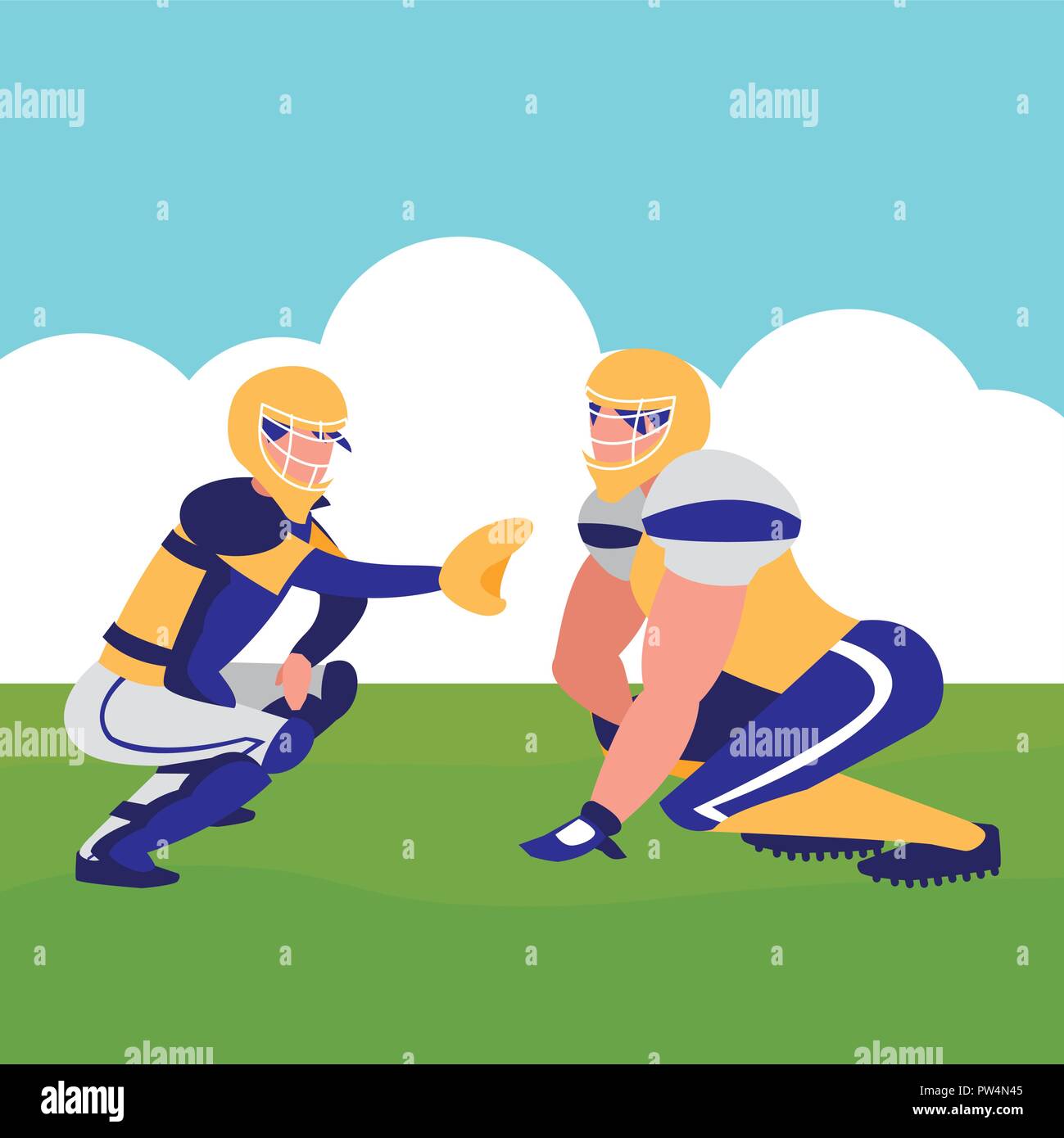 american football players with safety equipment over landscape background, colorful design