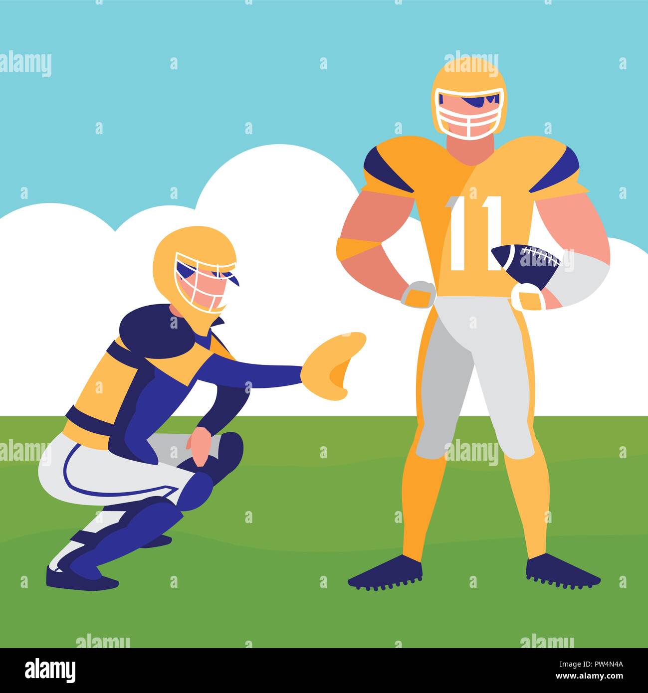 american football players with safety equipment over landscape background, colorful design