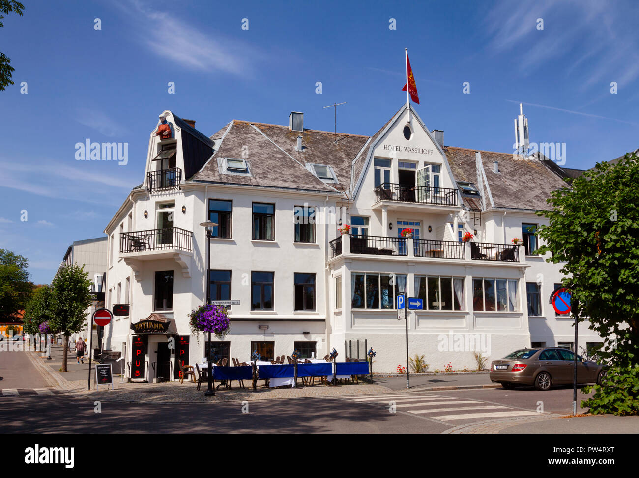 STAVERN, NORWAY - JULY 20, 2018: Hotel Wassilioff facade. Stavern is popular summer destination holding the record of 200 sunny days per year Stock Photo