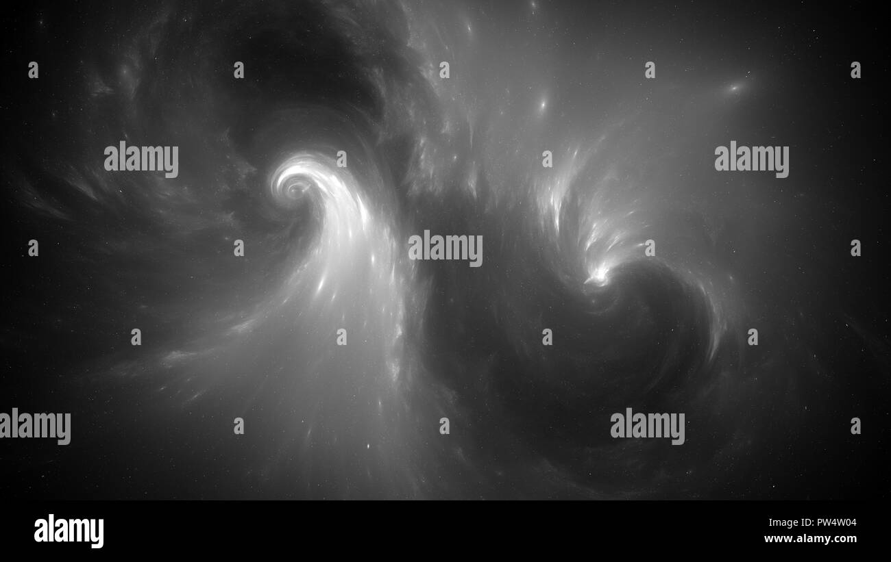 Glowing spiral nebula in space, black and white effect, computer ...