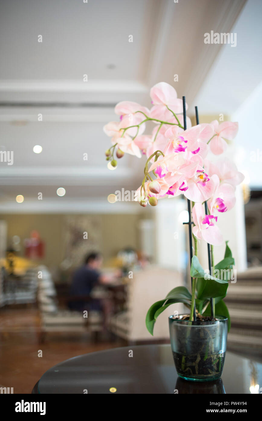 Beautiful flowers in luxury five star hotel wedding marriage party before guests arrive. Stock Photo