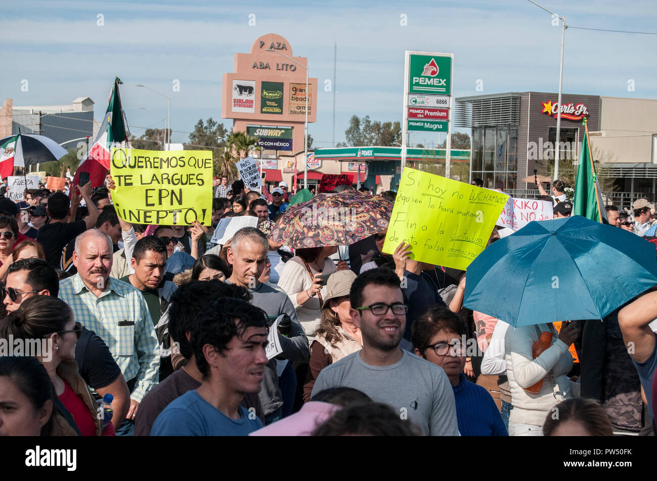 Protersters in Mexicali Baja. Mexico against the governor of Baja California (FRANCISCO VEGA) and President of Mexico (ENRIQUE PEÑA NIETO) Stock Photo
