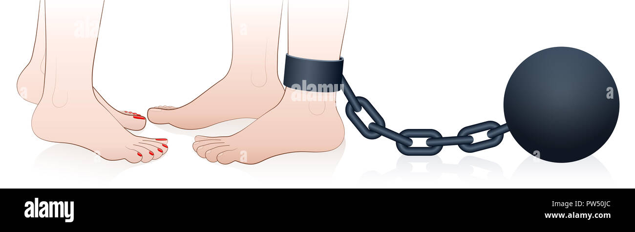 Possessive an dominating woman with chained man. Symbol for jealousy, restriction or captivity of love couples in a constraining partnership. Stock Photo