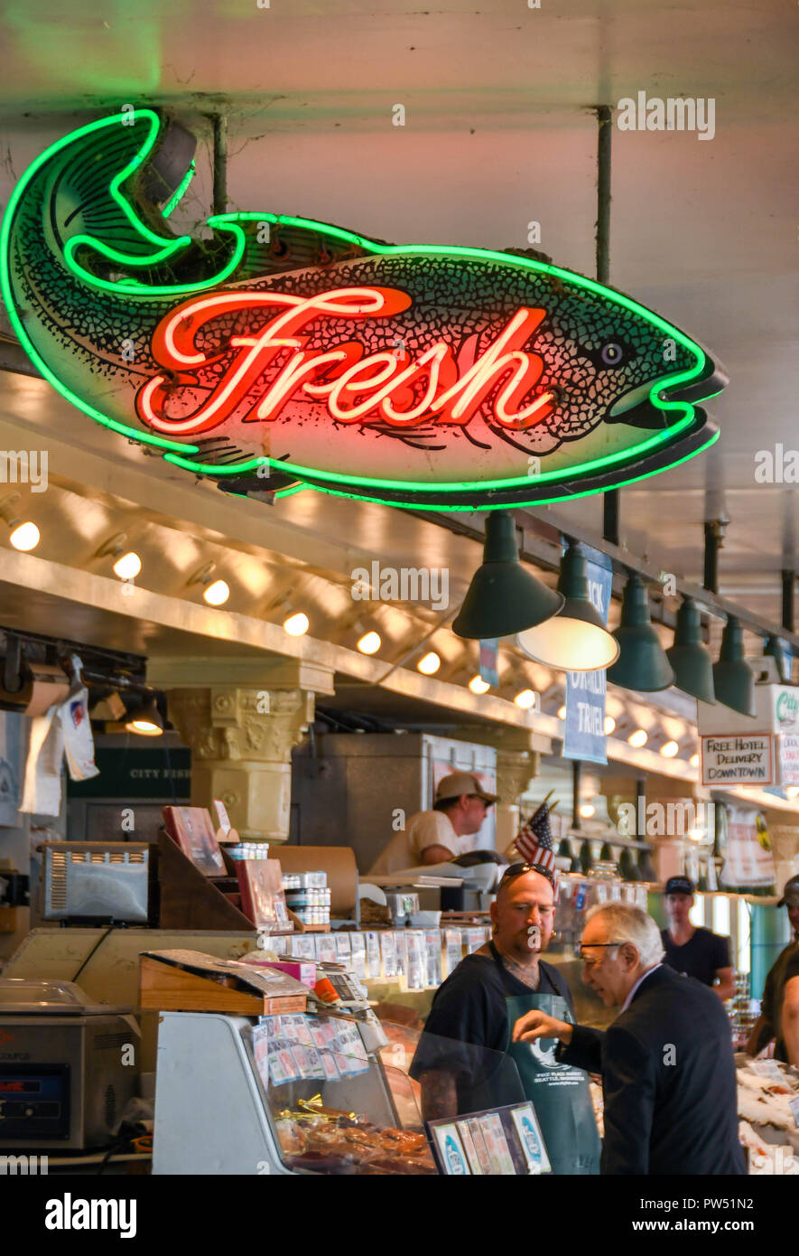 SEATTLE, WASHINGTON STATE, USA - JUNE 2018: Large illuminated fresh ...