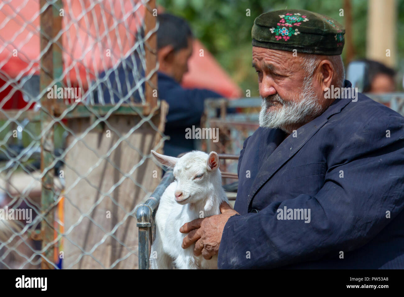 Kashgar, Xinjiang, China - September 16, 2018 :    Profile portrit of old Uyghur man with young goat at the Sunday Livestock Bazaar and Market in Kash Stock Photo