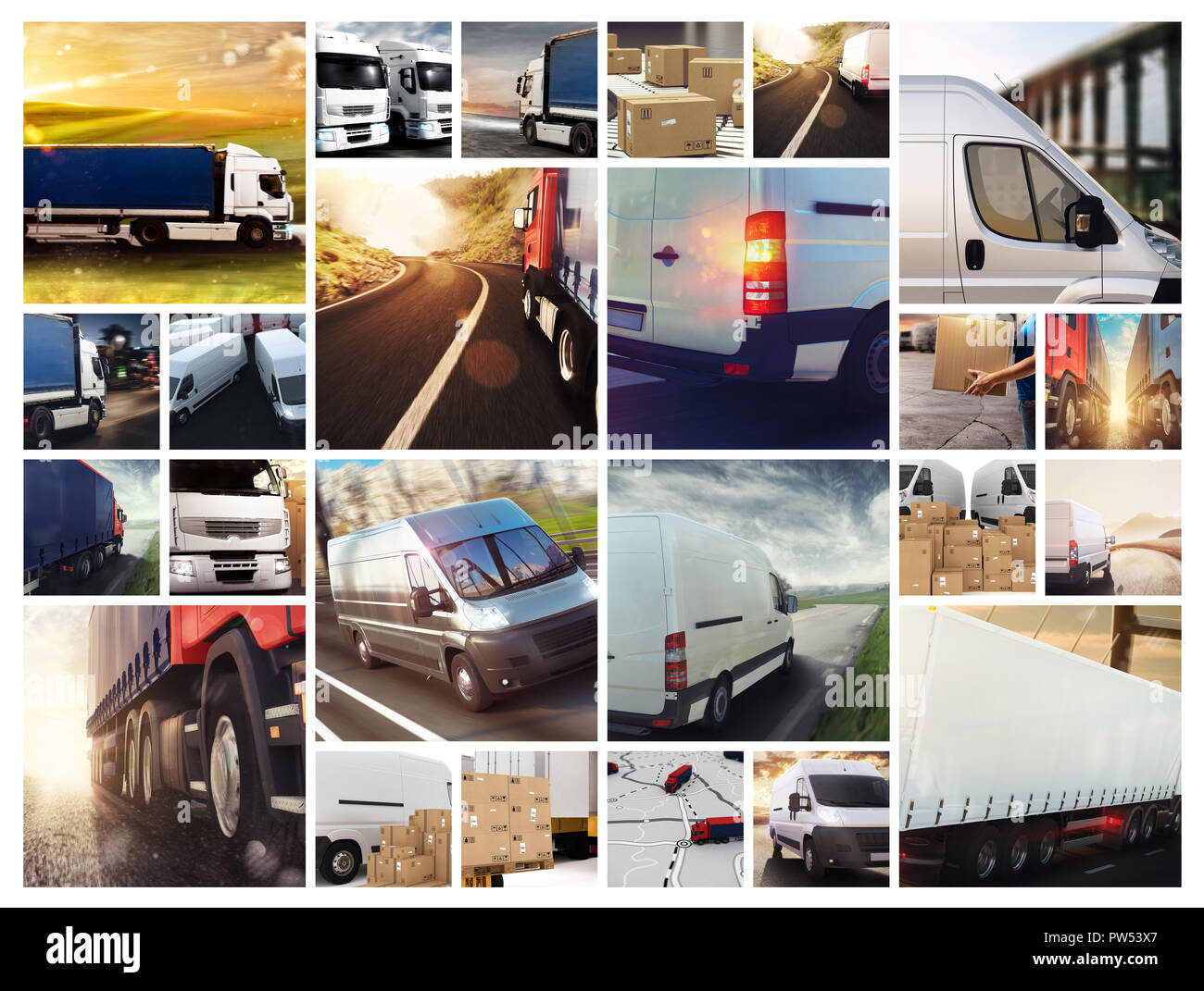 Collage composition with vans and trucks. Concept of transport and logistic Stock Photo