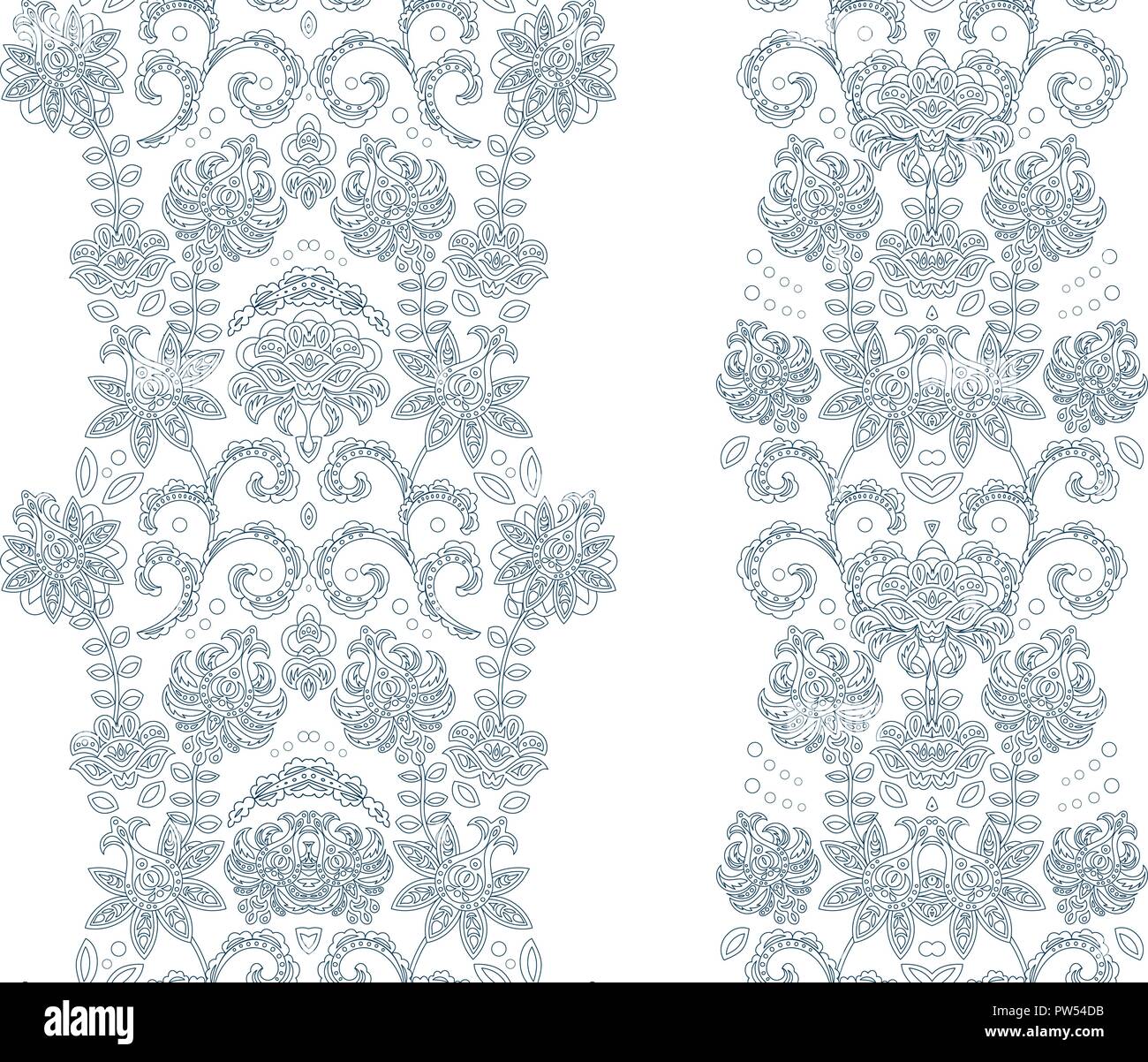 Hand drawseamless borders. Vector set with abstract floral elements in indian style Stock Vector
